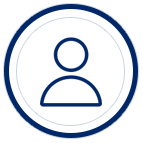 A blue and white icon of a person in front of a black background