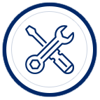 A blue and white icon of tools in a circle.
