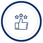 A blue and white icon of a thumbs up
